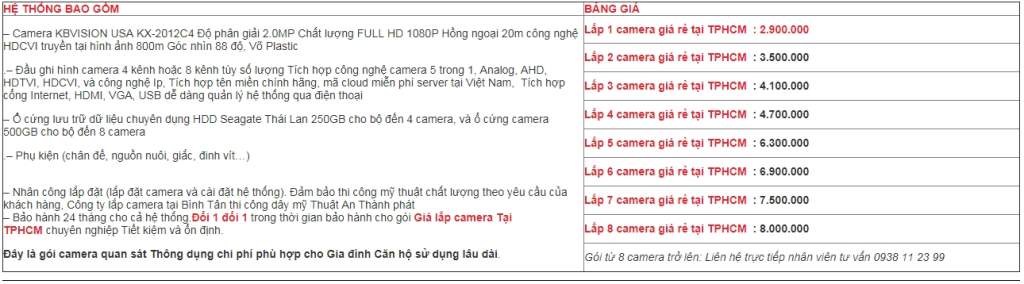 Bảng báo giá lắp camera KBVISION phân giải FullHD 1080P 2.0Mp