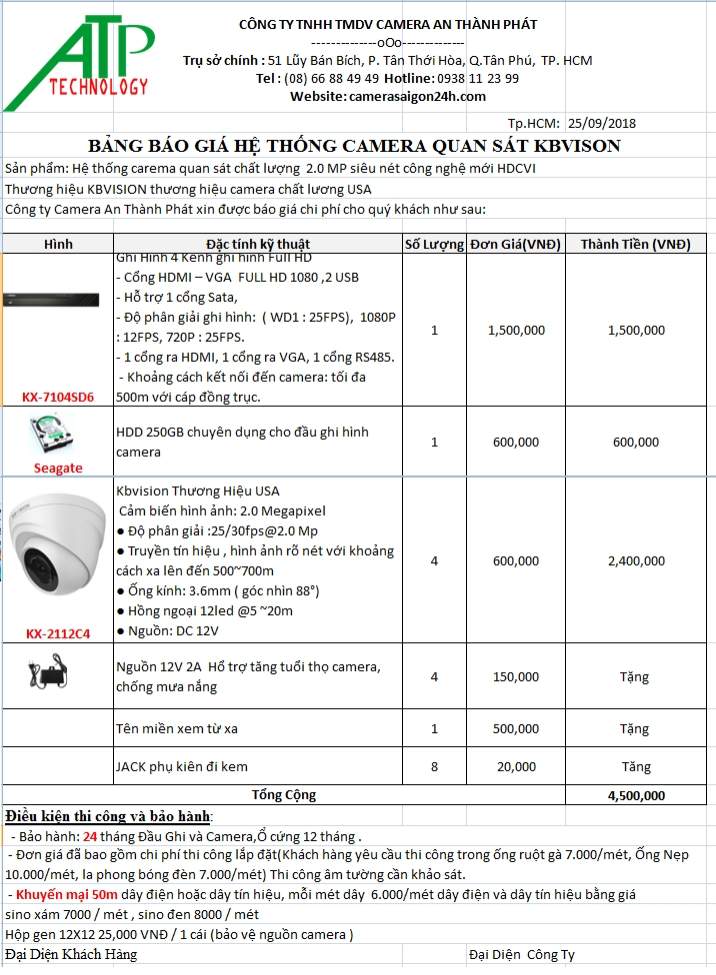 Chi tiết báo giá lắp camera quan sát kbvision